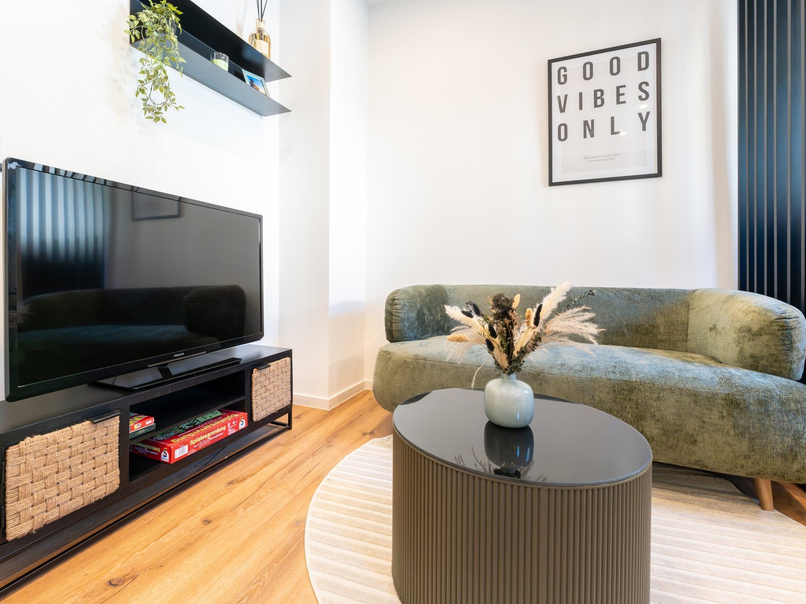 Wohnzimmer mit grünem Sofa, Couchtisch und Smart-TV im Studio Rhena in Koblenz